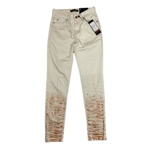 Mystiq MF7614 Sand Paint Splatter Crinkle Skinny Jeans Women Size 1 Tan NWT